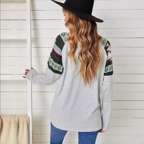 Gray Boho Aztec Chevron Shoulder Long Sleeve Tee - Picture 5 of 5
